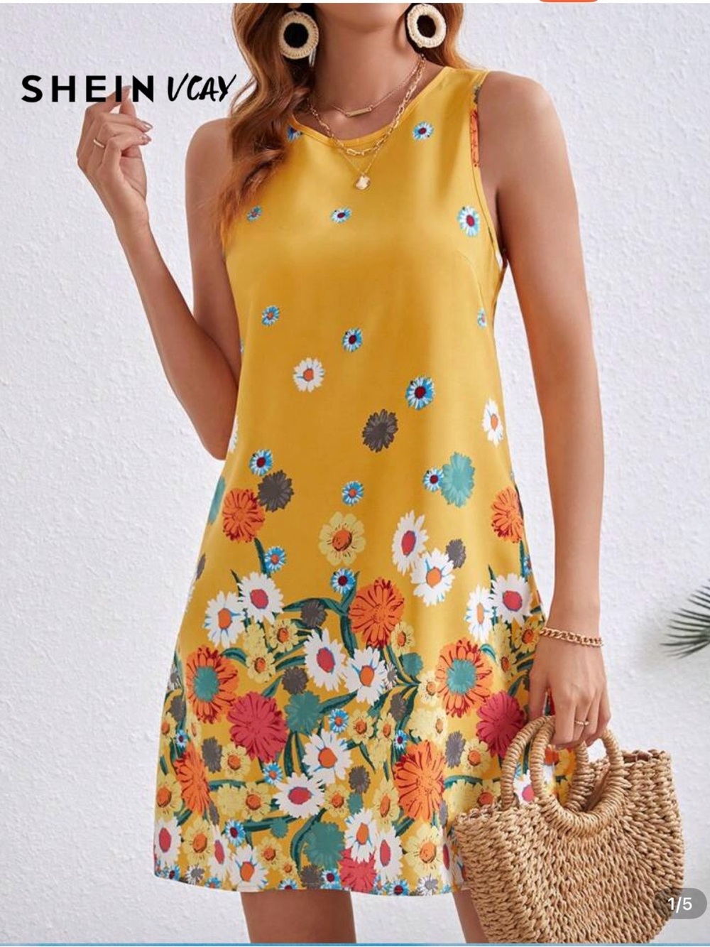 SHEIN Yellow Floral Sleeveless Shift Dress with Multicolor Blooms